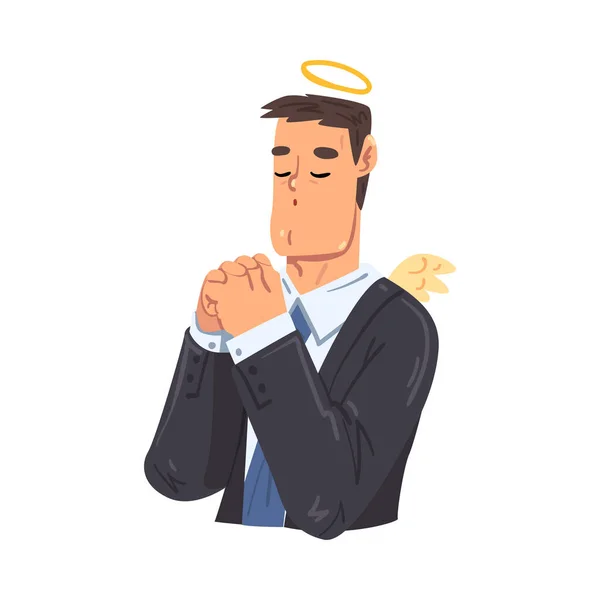 Angelic Businessman Orando, Caráter engraçado do trabalhador de escritório em roupas de estilo formal, Avatar de negócios Desenhos animados Estilo Vector Ilustração — Vetor de Stock