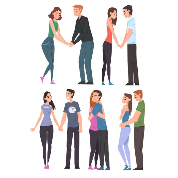 愛の抱擁と保持の手セットで幸せな若い男性と女性,ロマンチックな愛情カップル漫画スタイルベクトルイラスト — ストックベクタ