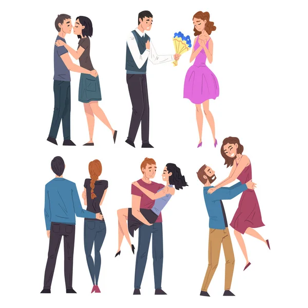 Felice giovane uomo e donna in amore abbracciare set, amorevole coppie su appuntamento romantico stile cartone animato vettoriale Illustrazione — Vettoriale Stock