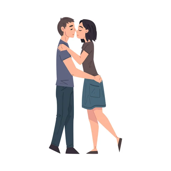 Glad ung man och kvinna i kärlek kramas och kyssas, romantisk älskande par tecknad stil vektor illustration — Stock vektor