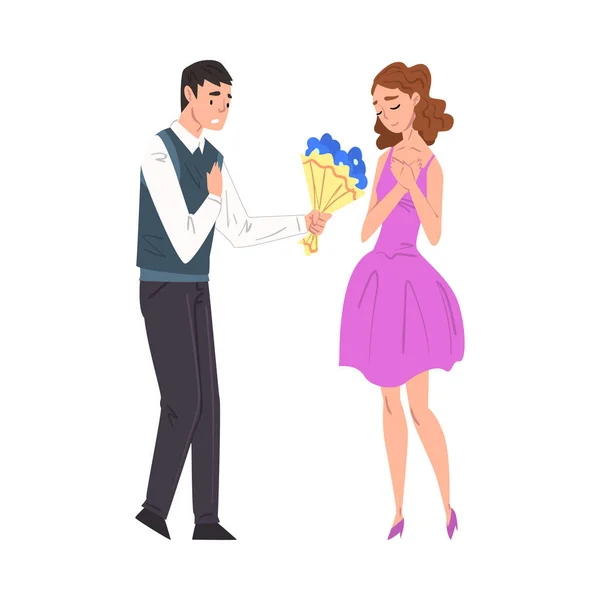 Молодой человек дарит букет цветов счастливой красивой женщине, пара влюбленных в романтическое свидание Мультфильм стиль вектор иллюстрации — стоковый вектор