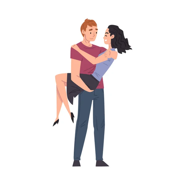 Jovem feliz carregando sua bela namorada, romântico casal amoroso desenho animado estilo vetor ilustração — Vetor de Stock