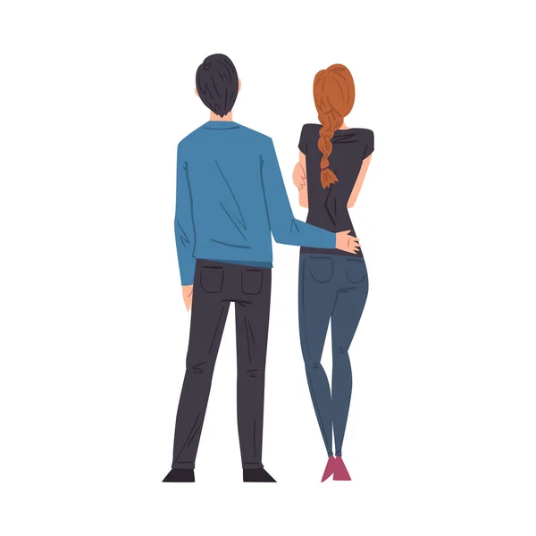 Terug Uitzicht op knuffelen jonge man en vrouw in liefde, liefdevol paar op romantische datum cartoon stijl vector illustratie — Stockvector