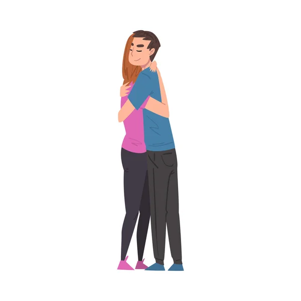 Happy Young Man and Woman Hugging Lovingly, Love Couple on Romantic Date Cartoon Style Vector Illustration — 스톡 벡터