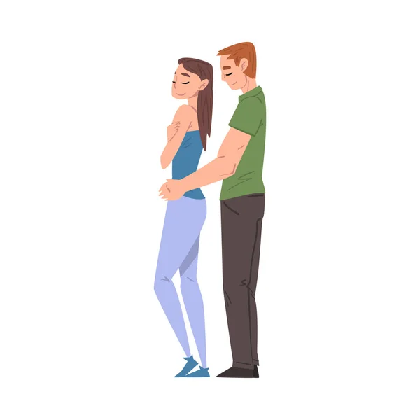 Feliz joven abrazando a su novia, Vista lateral de pareja amorosa romántica Dibujos animados Estilo Vector Ilustración — Vector de stock