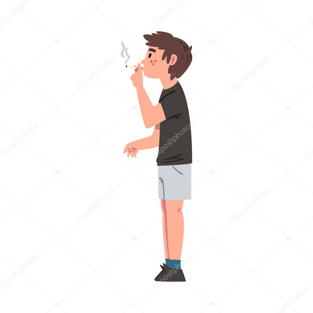 Boy Smoking Cigarette, Bad Child Behavior Cartoon Style Vector Illustration on White Background