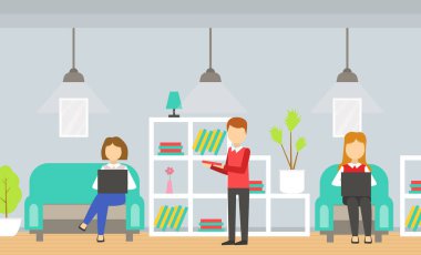 Açık Ofiste İletişim ve Birlikte Çalışan İnsanlar, Paylaşılan Çalışma Ortamı Vektörü İllüstrasyonu