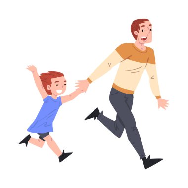 Mutlu baba ve küçük oğlu birlikte koşuyorlar, baba ve çocuğu birlikte iyi vakit geçiriyorlar çizgi film stili vektör ilüzyonu