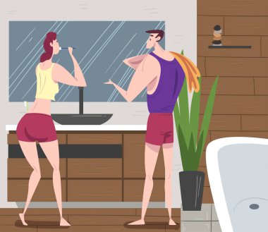 Banyodaki Hijyen Prosedürleri, Aynanın Önünde Duran Genç Adam ve Kadın, Dişlerini Fırçalayan Kız, Günlük Çizgi Roman Vektör İllüstrasyonu