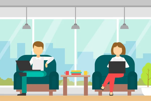 Comorking Space with People sitting in Armchair with Laptop Computers, Business Team Working Together in Coworking Open Office Vector Illustration — 스톡 벡터
