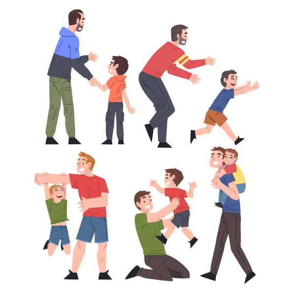 Padres e Hijos Pasando un Buen Tiempo Juntos Set, Papás e Hijos Jugando y Divirtiéndose Estilo de Dibujos Animados Vector Illustration — Vector de stock