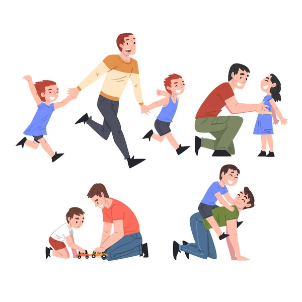 Padres y sus hijos pasando un buen rato juntos Set, papás e hijos jugando y divirtiéndose Dibujos animados Estilo Vector Ilustración — Vector de stock