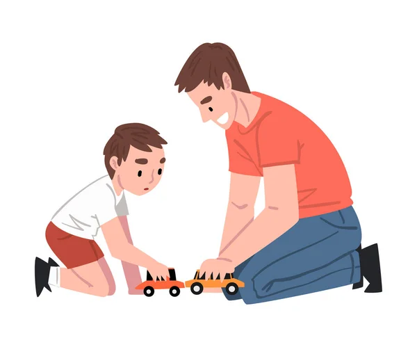 Pappa och hans son sitter på golvet och spelar leksaksbilar, far och hans barn har roligt tillsammans tecknad stil vektor illustration — Stock vektor