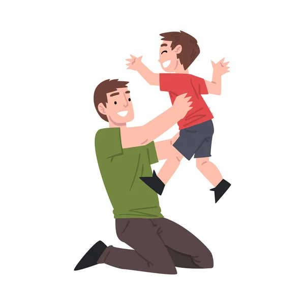 床に幸せと彼の手に彼の小さな息子を保持,父と一緒に楽しい時間を持っている彼の子供漫画スタイルベクトルイラスト — ストックベクタ