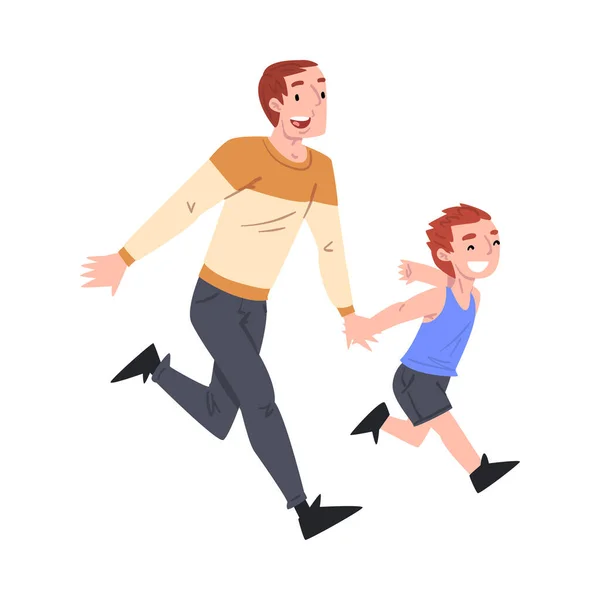 Vader en zijn zoon lopen samen hand in hand, vader en zijn kind hebben veel plezier samen cartoon stijl vector illustratie — Stockvector