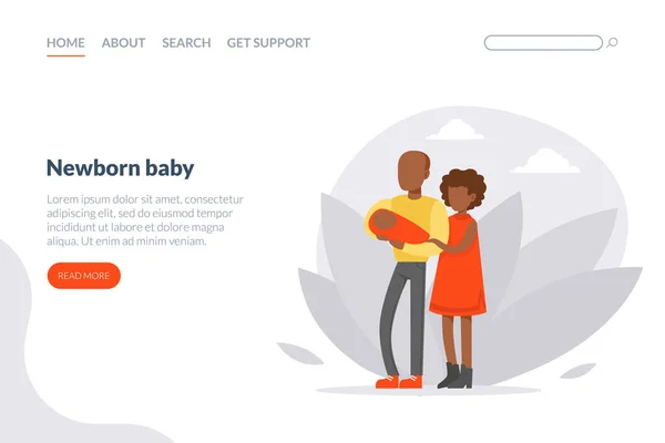 Novorozeně Baby Landing Page Template, Happy Family Couple Holding Little Baby Website, Mobilní aplikace Cartoon Vector Illustration — Stockový vektor