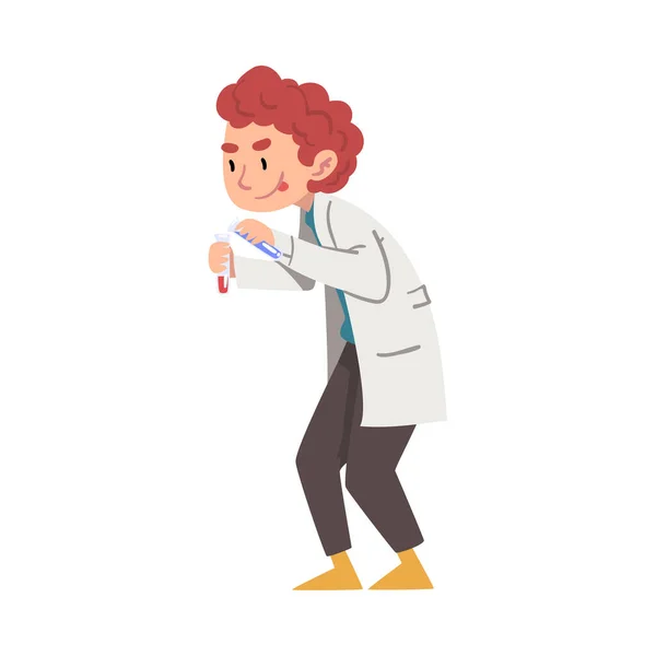 Male Chemist Holding Test Flask, Crazy Scientist Character in Lab Coat Doing Chemical Experiment in Laboratory Cartoon Style Vector Illustration — Stock Vector