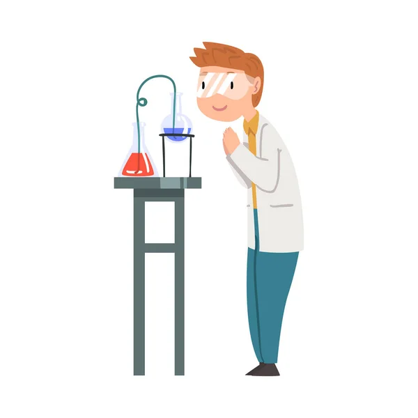 Muž Chemik Dělat Chemický Experiment, Vědec nebo Student Charakter Práce na lékařské nebo výzkumné laboratoře Cartoon Style Vector Illustration — Stockový vektor