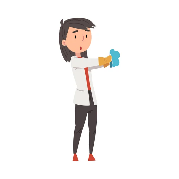 ( 영어 ) Girl Chemist Scientist with Test Flask, Doctor or Student Character in White Coat Working at Medical or Researching Laboratory Cartoon Style Vector Illustration — 스톡 벡터