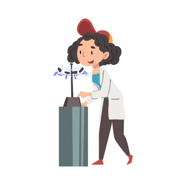 Chica Química Científica, Doctora o Estudiante Carácter de la capa blanca Trabajando en el Laboratorio Médico o Investigando Ilustración Vectorial Estilo Dibujos Animados — Vector de stock