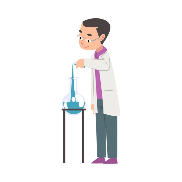 Male Chemist Doing Experiment, Scientist or Student Character Working at Medical or Researching Laboratory Cartoon Style Vector Illustration — Stock Vector