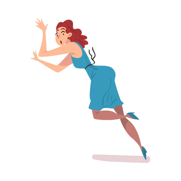 Hermosa mujer joven en vestido azul cayendo en el piso, Persona femenina con expresión aterrorizada en su cara Dibujos animados Estilo Vector Ilustración — Vector de stock