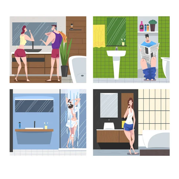 Banyo setindeki hijyen prosedürleri, insanların dişlerini fırçalaması, duş alması, klozete oturması, günlük çizgi roman vektör ilülasyonu. — Stok Vektör
