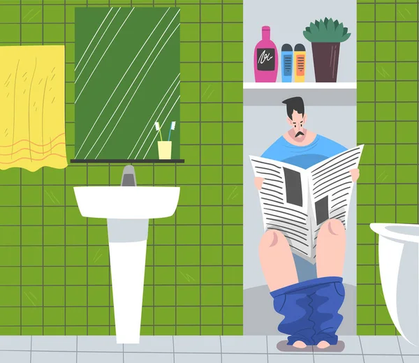 Uomo che legge il giornale seduto sulla tazza del water, procedura igienica nell'illustrazione del vettore del fumetto del bagno — Vettoriale Stock
