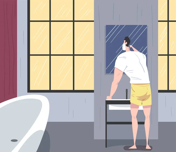 Man Ξύρισμα μπροστά από τον καθρέφτη της τουαλέτας, καθημερινή ρουτίνα, διαδικασίες υγιεινής στο μπάνιο Cartoon Vector Εικονογράφηση — Διανυσματικό Αρχείο