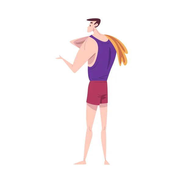 肩にタオルを乗せた下着姿の男、日常衛生手順漫画ベクトルイラスト — ストックベクタ