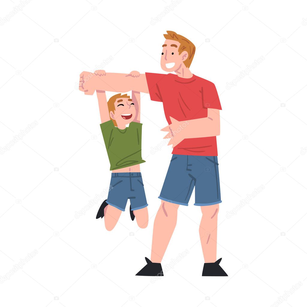 Dad Playing with his Little Son, Boy Hanging on Daddy Hand, Father and his Kid Having Good Time Together Cartoon Style Vector Illustration