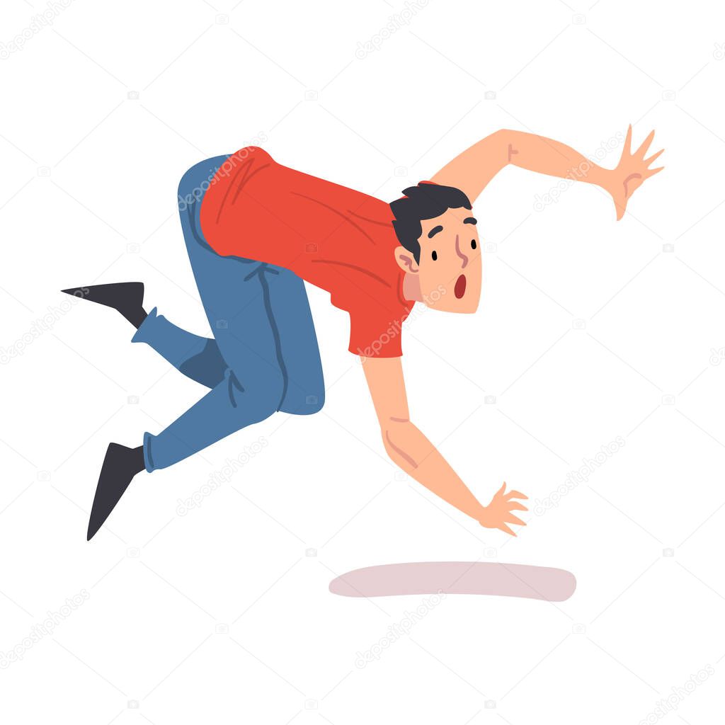 Shocked Man Falling Down Forward, Accident, Pain and Injury Cartoon Style Vector Illustration on White Background
