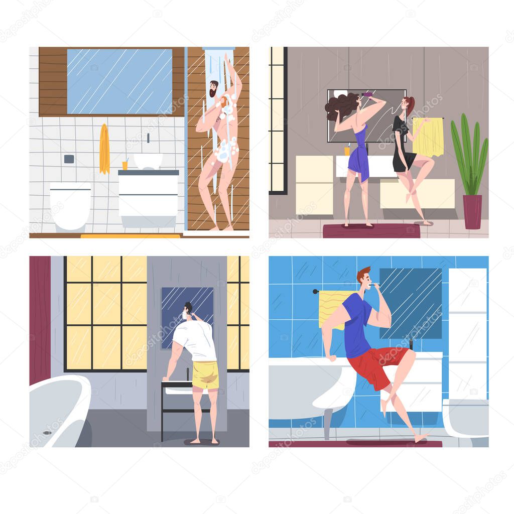 Hygiene Procedures in Bathroom Set, People Brushing their Teeth, Shaving, Taking Shower, Daily Routine Cartoon Vector Illustration