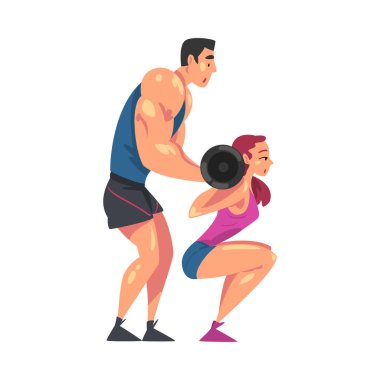 Kız Barbell ile Egzersiz, Kişisel Erkek Eğitmen Karakteri Ona Yardım Ediyor, Spor Tarzı Vektör İllüstrasyonunda Fiziksel Antrenman
