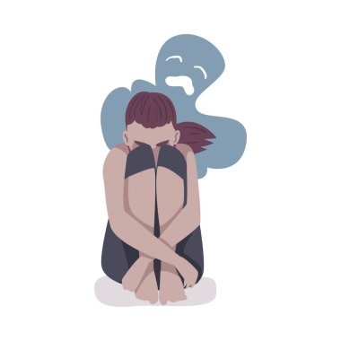 Depresyondaki Kız Yerde Kucaklıyor, Hayalet Tarafından Kucaklanıyor, Ruh Sağlığı Sorunları, Psikolojik Bozukluk Konsepti Çizgi Film Tarzı Vektör İlülasyonu