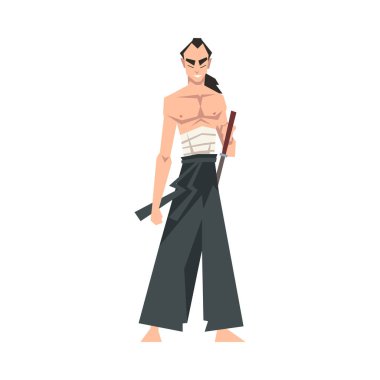 Hakama Giyen ve Japon Kılıç Vektörü İllüstrasyonu Tutan Samuray Karakteri