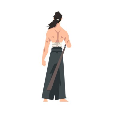 Katana ve Hakama Vektör İllüstrasyonlu Cesur Japon Savaşçı Adam
