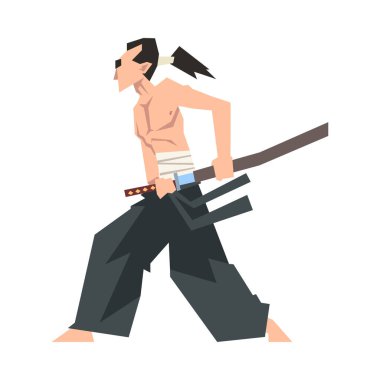 Hakama Giyen ve Japon Kılıç Vektörü İllüstrasyonu Tutan Samuray Karakteri