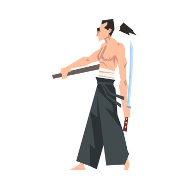Katana ve Hakama Vektör İllüstrasyonlu Cesur Japon Savaşçı Adam