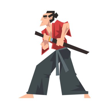 Kırmızı Karate Giyen ve Katana Vektör İllüstrasyonunu Tutan Japon Samuray
