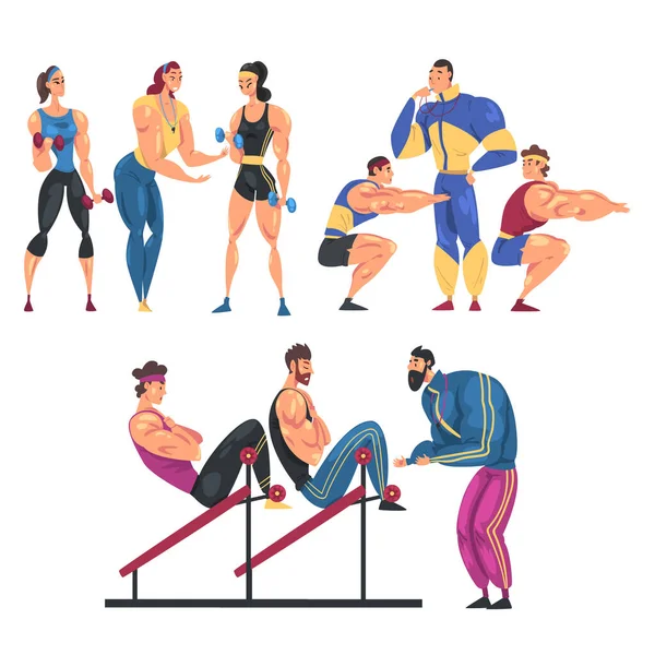 Εκπαίδευση ατόμων στο γυμναστήριο, άνδρες και γυναίκες που κάνουν σωματική άσκηση με τους προσωπικούς τους εκπαιδευτές, υγιή τρόπο ζωής έννοια Γελοιογραφία στυλ εικονογράφηση διάνυσμα — Διανυσματικό Αρχείο