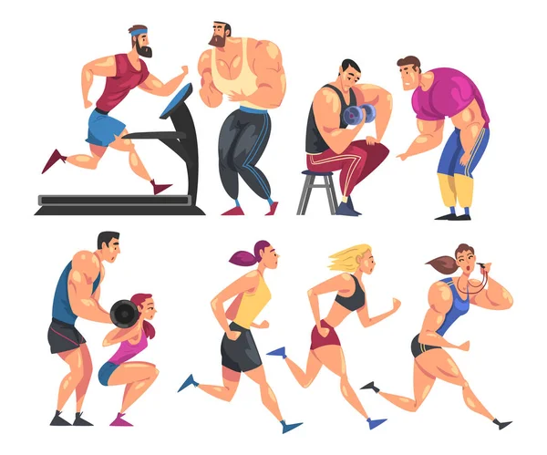 Entrenamiento de deportistas en el gimnasio, hombres y mujeres haciendo ejercicio físico con sus entrenadores personales, concepto de estilo de vida saludable Dibujos animados Estilo Vector Ilustración — Archivo Imágenes Vectoriales