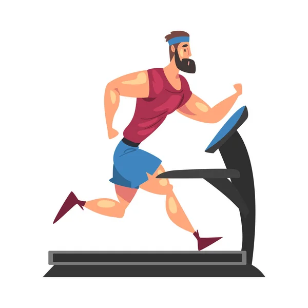 Sportieve gespierde man hardlopen op loopband, fysieke training in fitnessruimte, gezonde Lifestyle cartoon stijl vectorillustratie — Stockvector