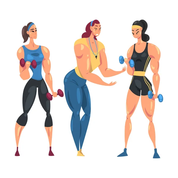 Sportive Girls Doing Exercising with Dumbbells, Female Coach Trainer Character Motivating Them, Physical Workout in Gym Cartoon Style Vector Illustration — стоковий вектор