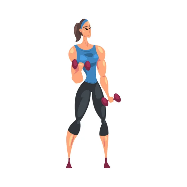 ダンベルとのスポーツ女子体操、ジムや家庭での身体運動、健康的なライフスタイルのコンセプト漫画のスタイルベクトルイラスト — ストックベクタ