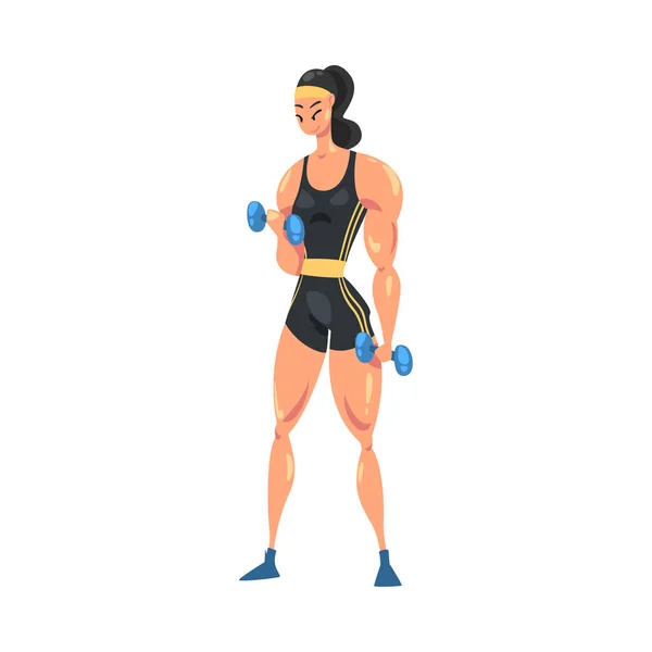 Fille musculaire sportive faisant de l'exercice avec des haltères, Entraînement physique en salle de gym ou à la maison, Style de vie sain Illustration vectorielle de style de bande dessinée — Image vectorielle