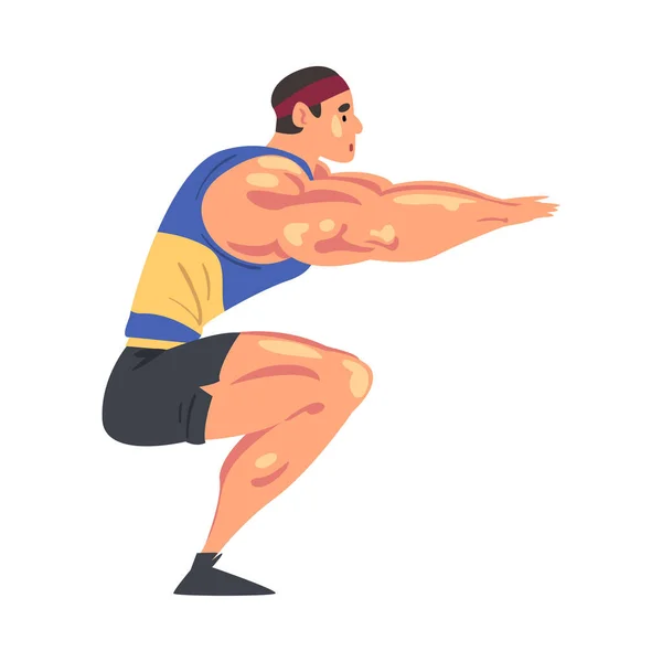 Sportive Muscular Man gör knäböj, fysisk träning i gym eller hem, hälsosam livsstil tecknad stil vektor Illustration — Stock vektor