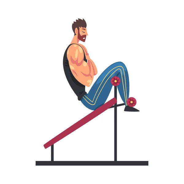 Hombre muscular deportivo haciendo abdominales en banco abdominales crujiente, entrenamiento físico en el gimnasio, estilo de vida saludable Dibujos animados Estilo Vector Ilustración — Vector de stock