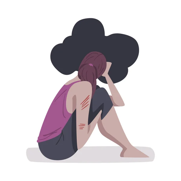 Депрессивная девушка сидит на полу с черным облаком вокруг головы, человек, преследуемый призраком, психические проблемы со здоровьем, психологические расстройства концепция мультфильма стиль иллюстрации — стоковый вектор
