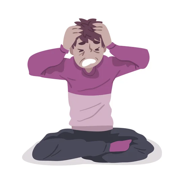 手足を組んで床に座っている絶望的な男が手で頭をクラッチ,精神保健問題,心理障害コンセプト漫画スタイルベクトルイラスト — ストックベクタ